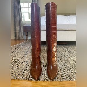 Brown crocodile embossed boots with stacked heel